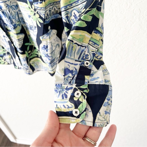 Talbots Blouse Women's XL Button Down Watercolor Vases 100% Cotton Resortwear - Picture 5 of 7